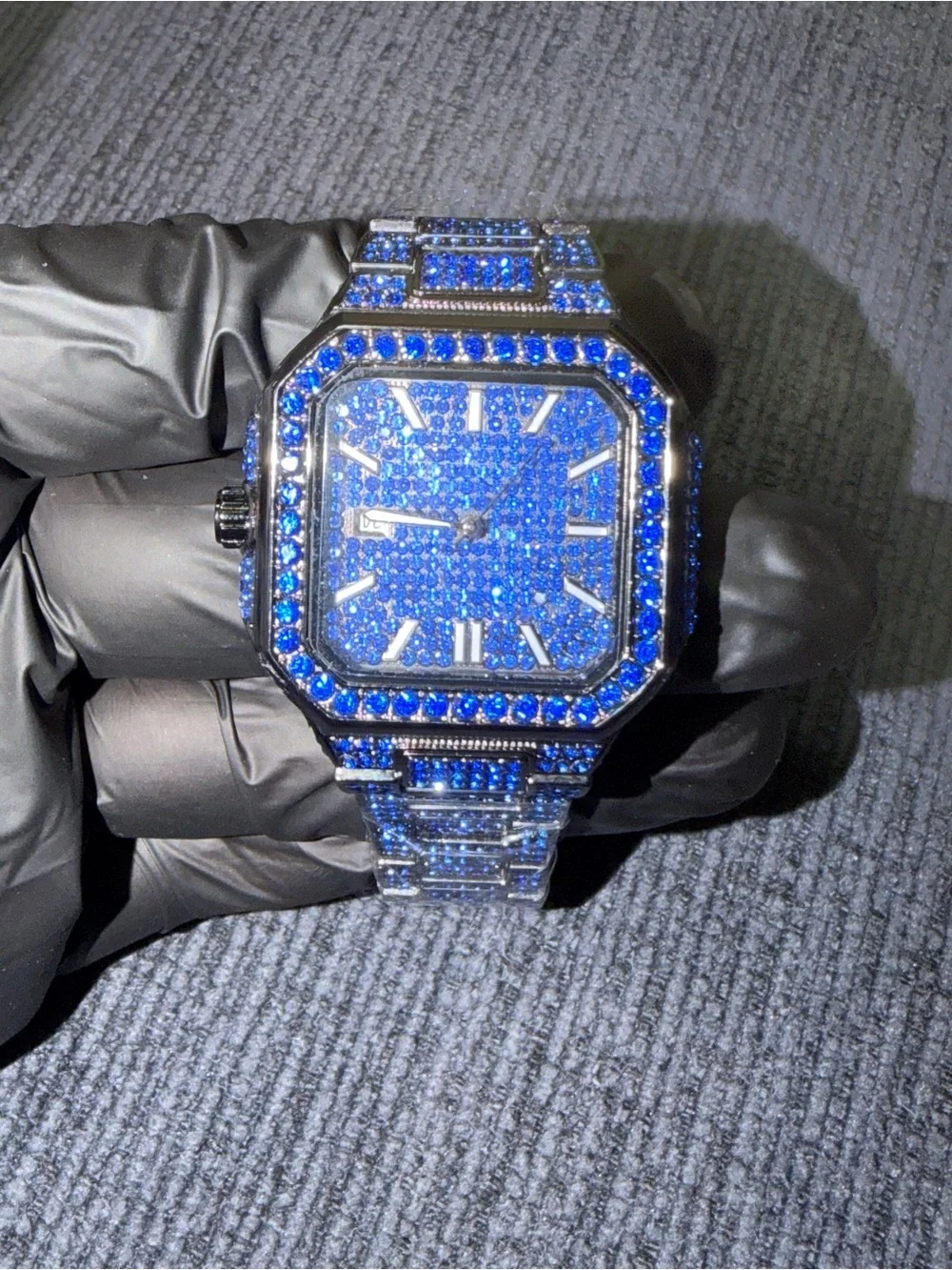 Men's Blue Crystal Iced-Out Square Watch - Luxury Statement